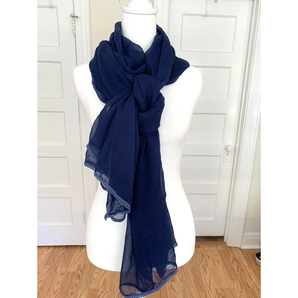 Navy Sheer Scarf 46 x 92 with Delicate Lace Detail Cerulean Blue Rectangle